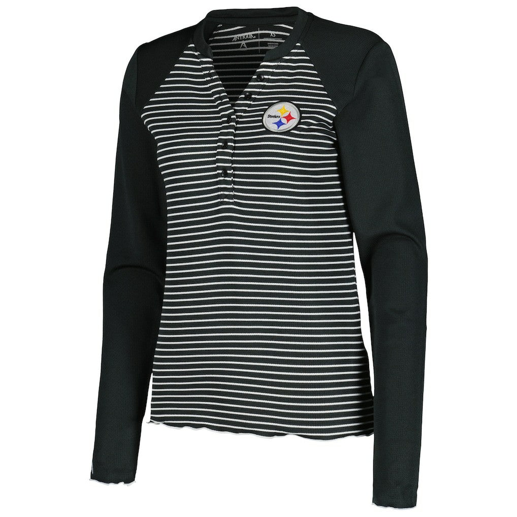 Pittsburgh Steelers Antigua Women's Maverick Waffle Henley Long Sleeve T-Shirt - Black T-shirts