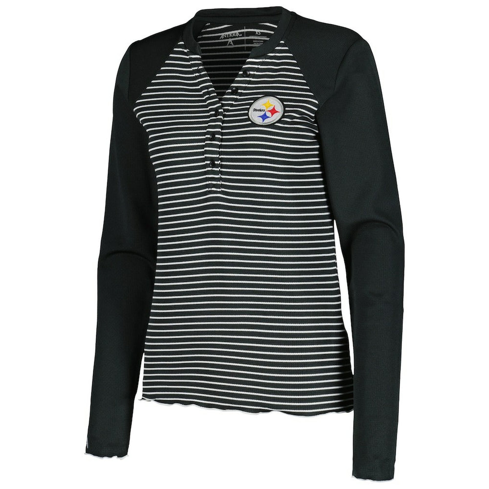 Pittsburgh Steelers Antigua Women's Maverick Waffle Henley Long Sleeve T-Shirt - Black T-shirts