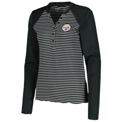 Pittsburgh Steelers Antigua Women's Maverick Waffle Henley Long Sleeve T-Shirt - Black T-shirts