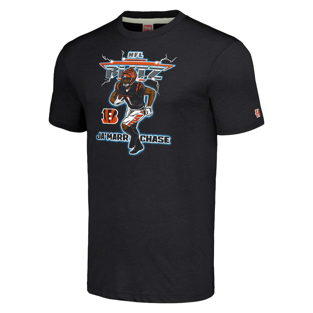 Ja'Marr Chase Cincinnati Bengals Homage Unisex NFL Blitz Player Tri-Blend T-Shirt - Heathered Charcoal T-shirts