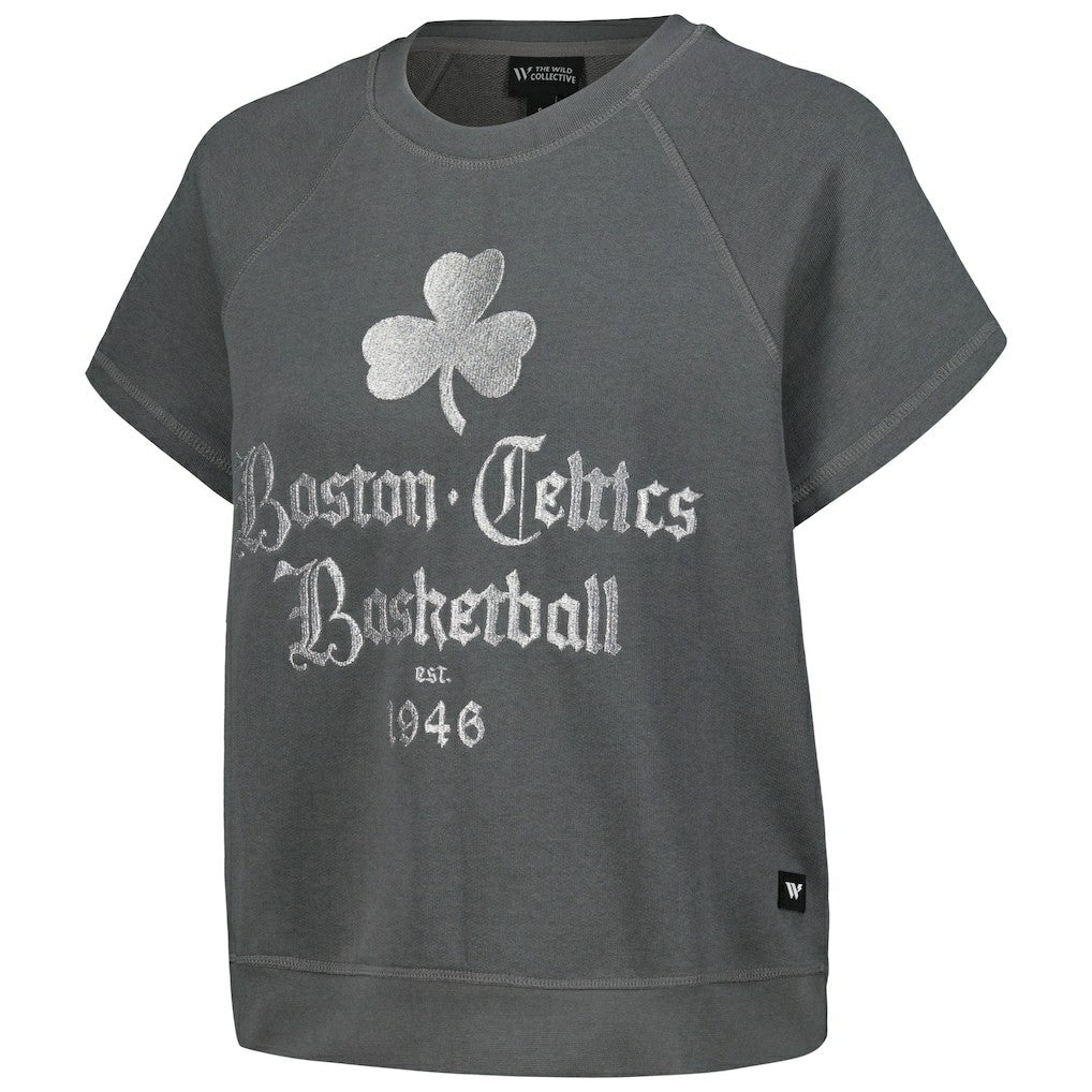 Boston Celtics The Wild Collective Women's Embroidered Fleece Raglan Short Sleeve Pullover Sweatshirt Gray