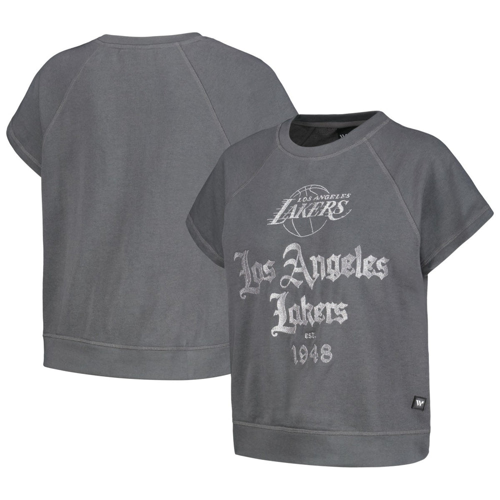 Los Angeles Lakers The Wild Collective Women's Embroidered Fleece Raglan Short Sleeve Pullover Sweatshirt Gray outlet