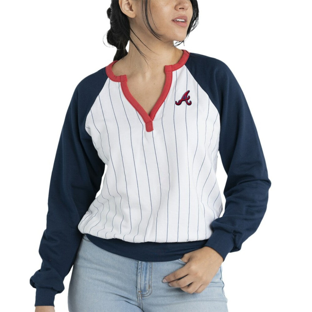 Atlanta Braves Lusso Women's Mack Fleece V-Neck Pullover Top - White/Navy Pullover