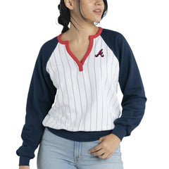 Atlanta Braves Lusso Women's Mack Fleece V-Neck Pullover Top - White/Navy Pullover