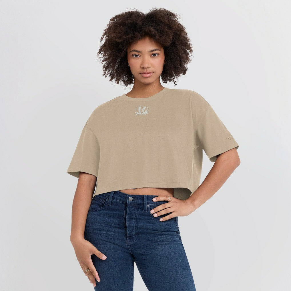 Cincinnati Bengals Women's Elements Super Soft Boxy Cropped T-Shirt - Khaki T-shirts