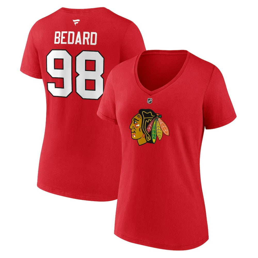Connor Bedard Chicago Blackhawks Fanatics Women's Authentic Stack Name & Number V-Neck T-Shirt - Red | US 200351760