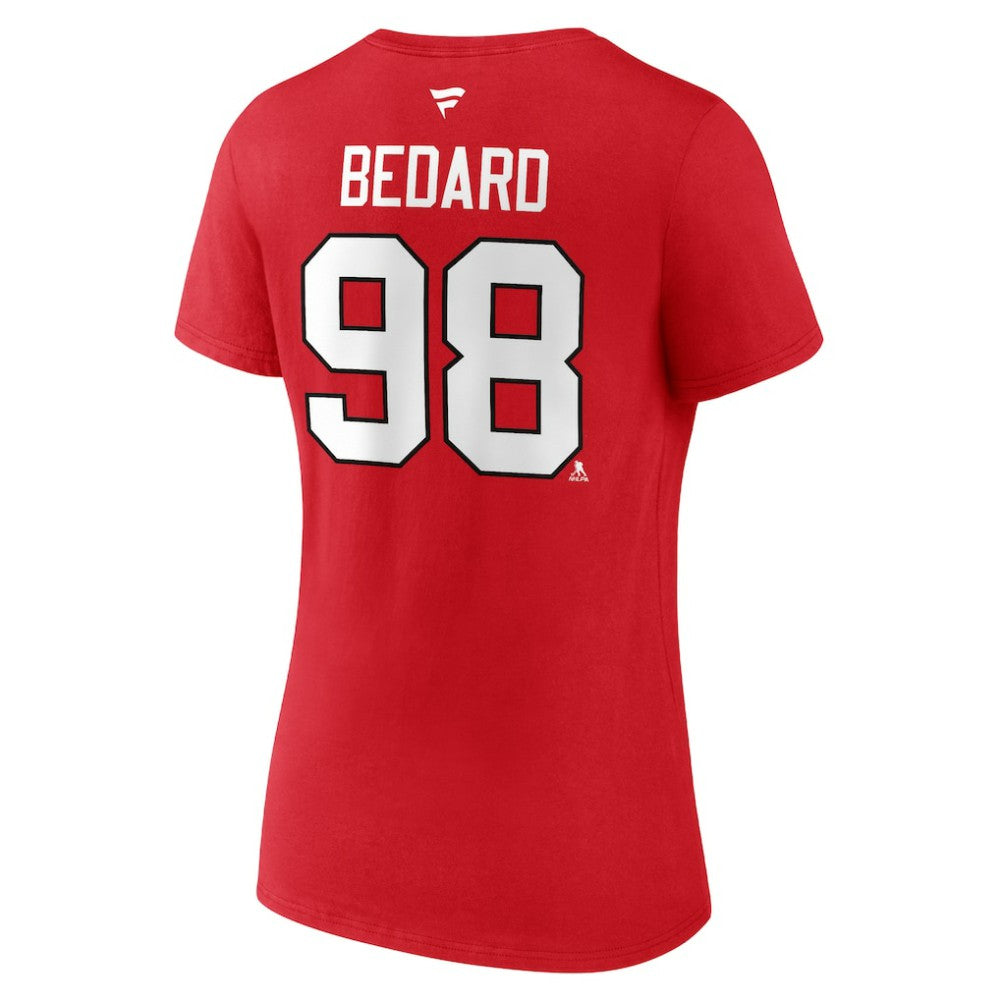Connor Bedard Chicago Blackhawks Fanatics Women's Authentic Stack Name & Number V-Neck T-Shirt - Red | US 200351760