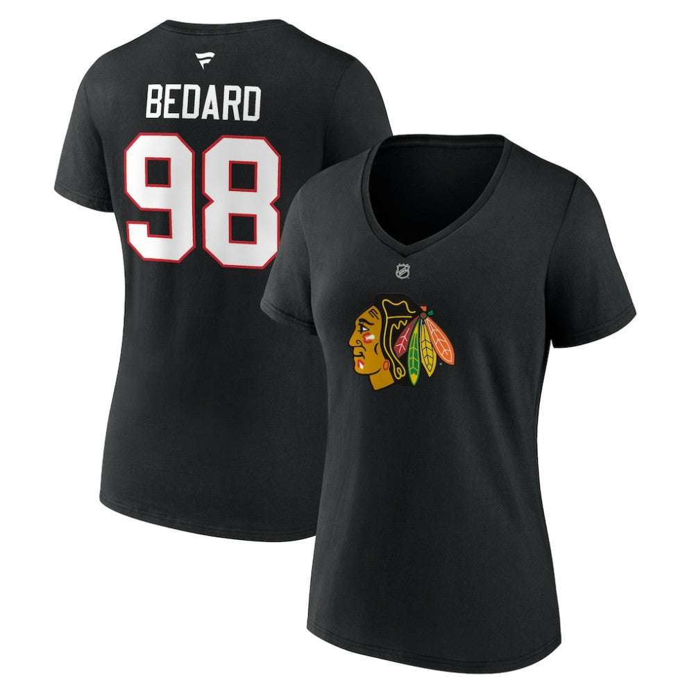 Connor Bedard Chicago Blackhawks Fanatics Women's Authentic Stack Name & Number V-Neck T-Shirt - Black | US 200351761