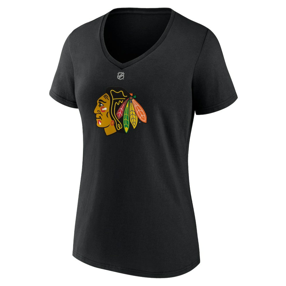 Connor Bedard Chicago Blackhawks Fanatics Women's Authentic Stack Name & Number V-Neck T-Shirt - Black | US 200351761