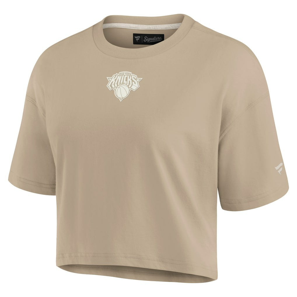 New York Knicks Women's Elements Super Soft Boxy Cropped T-Shirt Khaki - Fanatics