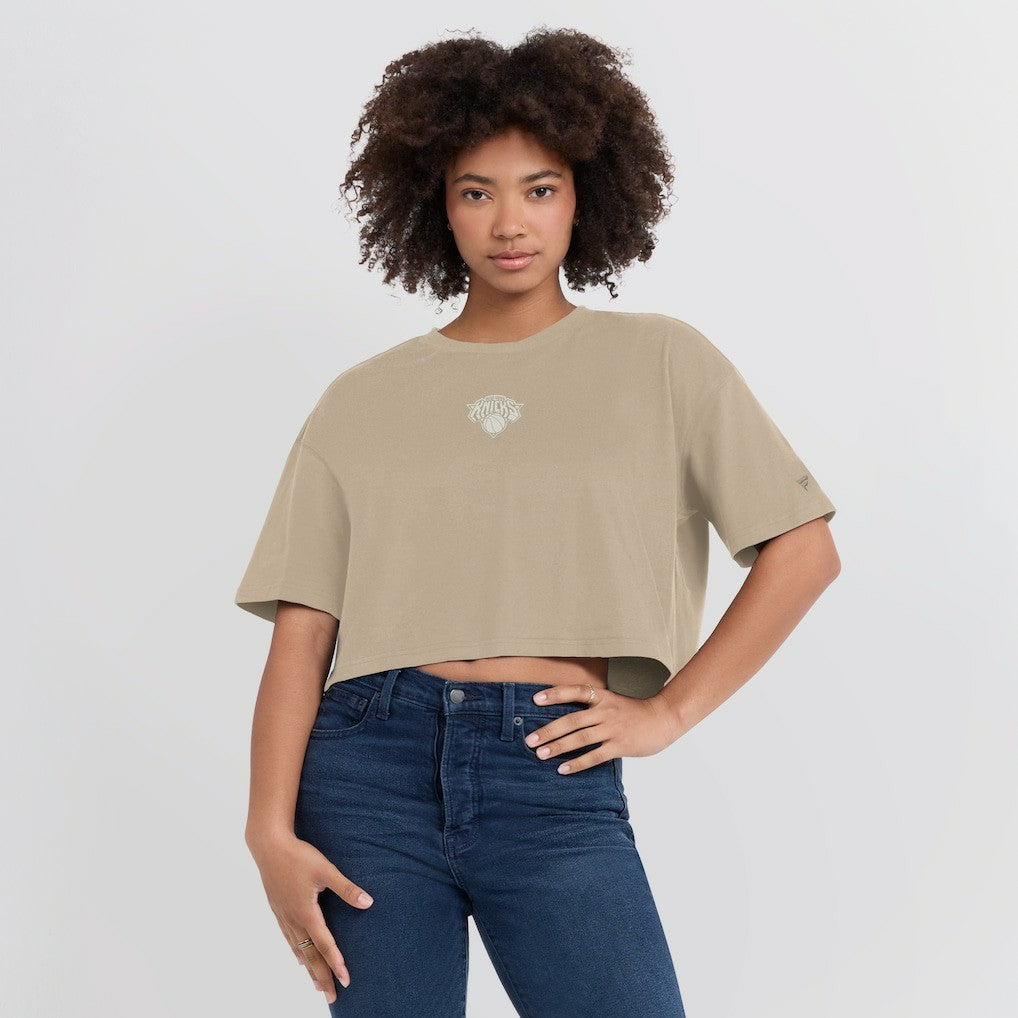 New York Knicks Women's Elements Super Soft Boxy Cropped T-Shirt Khaki - Fanatics