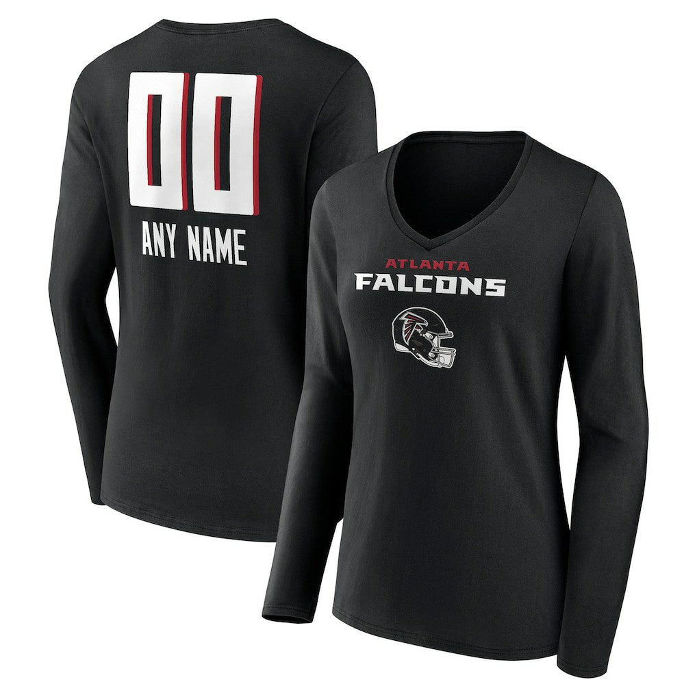 Atlanta Falcons Women's Personalized Name & Number Team Wordmark Long Sleeve V-Neck T-Shirt - Black T-shirts