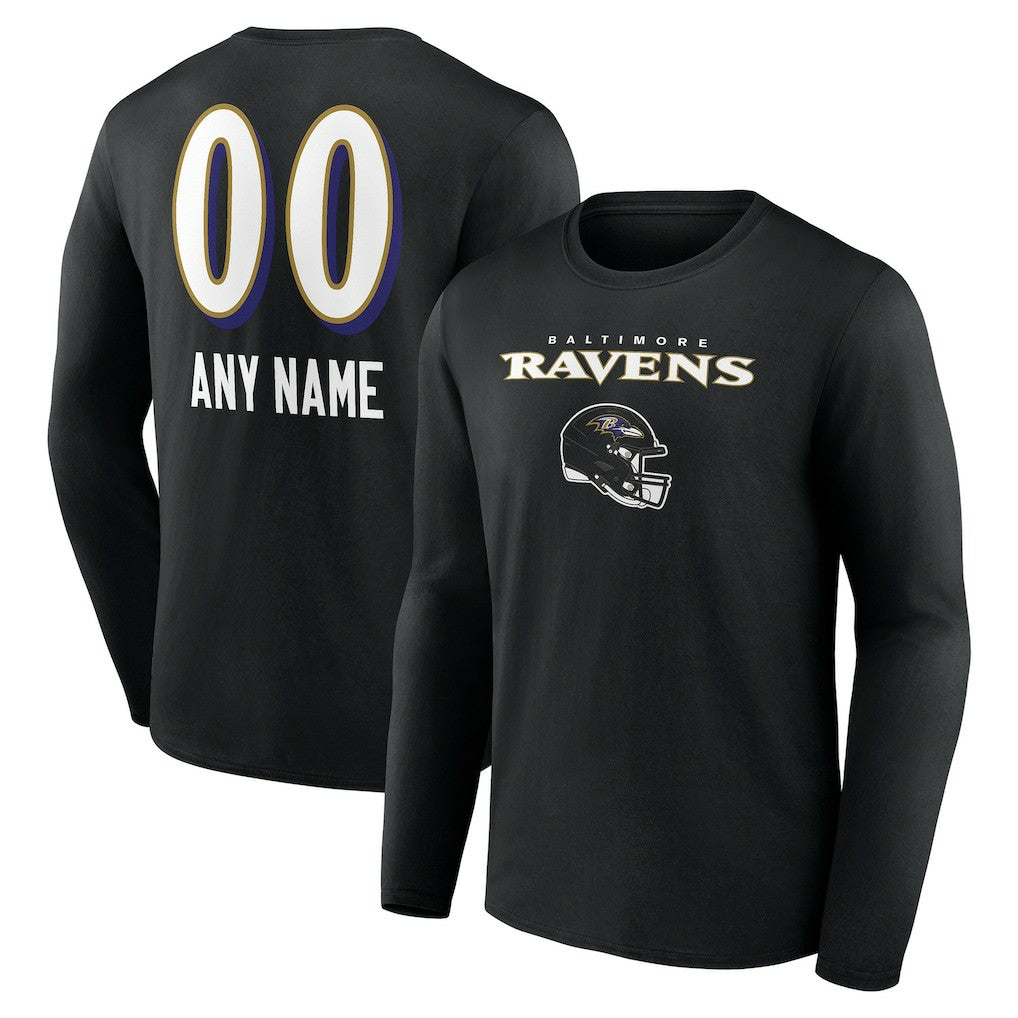 Baltimore Ravens Personalized Name & Number Team Wordmark Long Sleeve T-Shirt - Black T-shirts