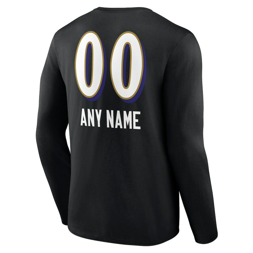 Baltimore Ravens Personalized Name & Number Team Wordmark Long Sleeve T-Shirt - Black T-shirts