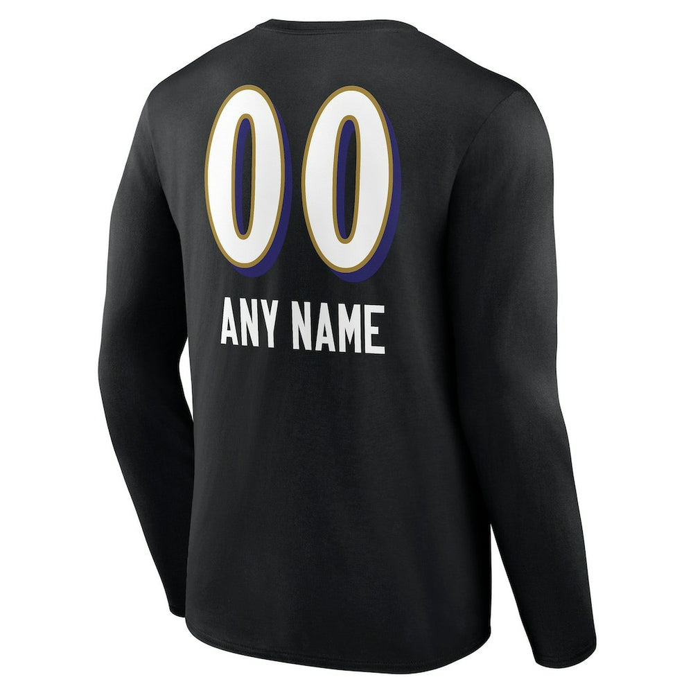 Baltimore Ravens Personalized Name & Number Team Wordmark Long Sleeve T-Shirt - Black T-shirts