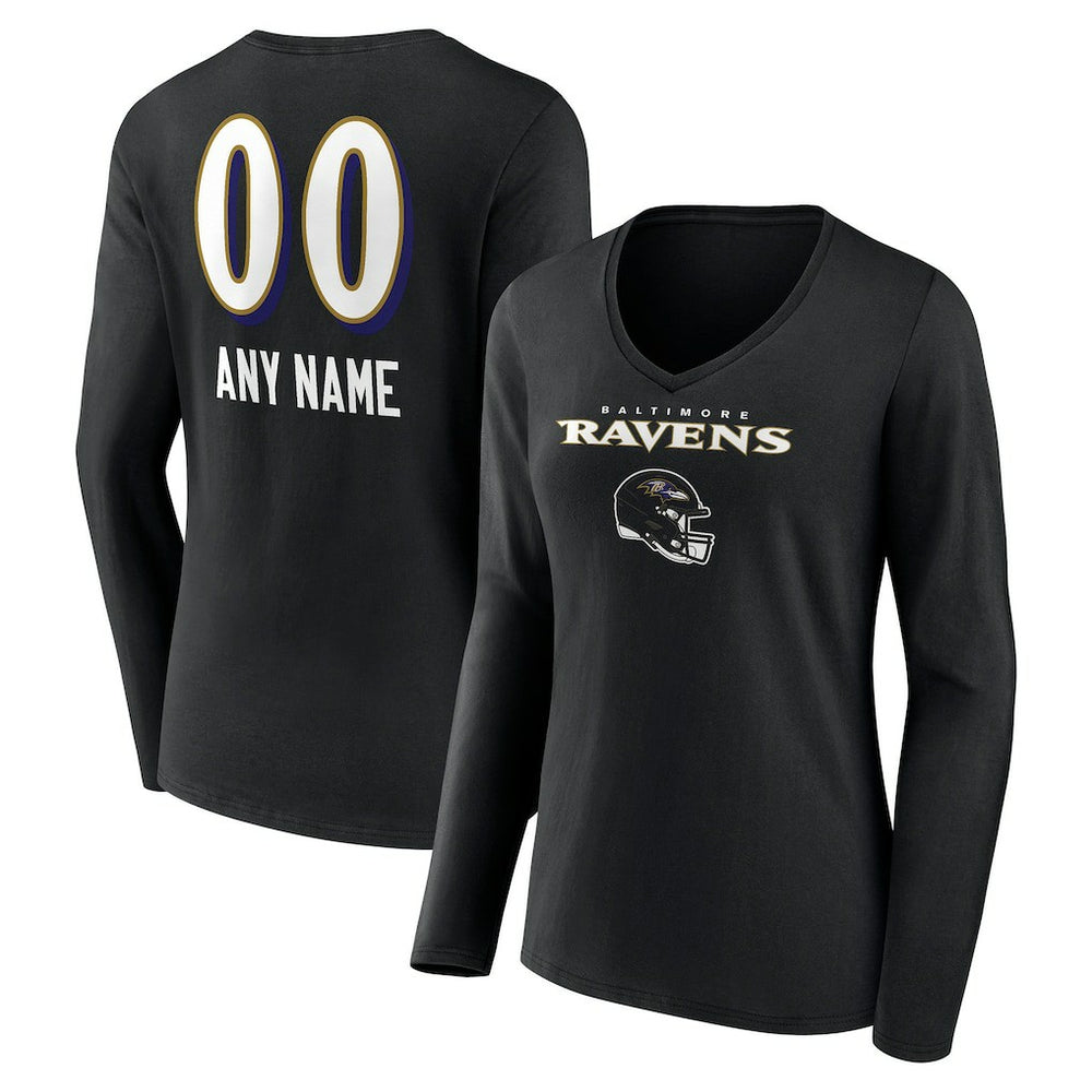 Baltimore Ravens Women's Personalized Name & Number Team Wordmark Long Sleeve V-Neck T-Shirt - Black T-shirts