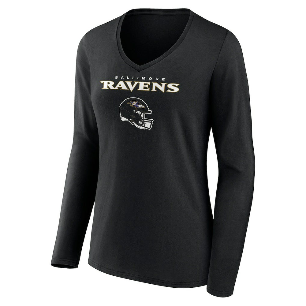 Baltimore Ravens Women's Personalized Name & Number Team Wordmark Long Sleeve V-Neck T-Shirt - Black T-shirts