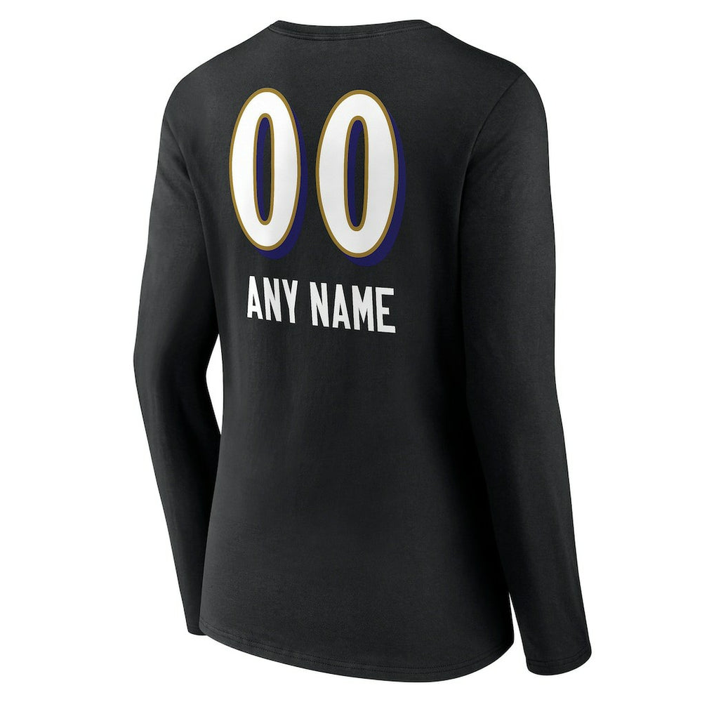 Baltimore Ravens Women's Personalized Name & Number Team Wordmark Long Sleeve V-Neck T-Shirt - Black T-shirts