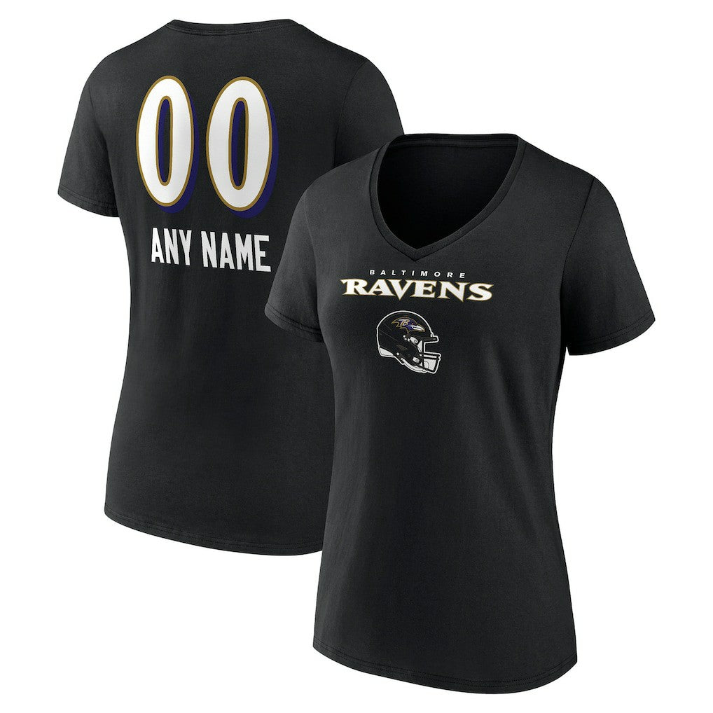 Baltimore Ravens Women's Personalized Name & Number Team Wordmark V-Neck T-Shirt - Black T-shirts