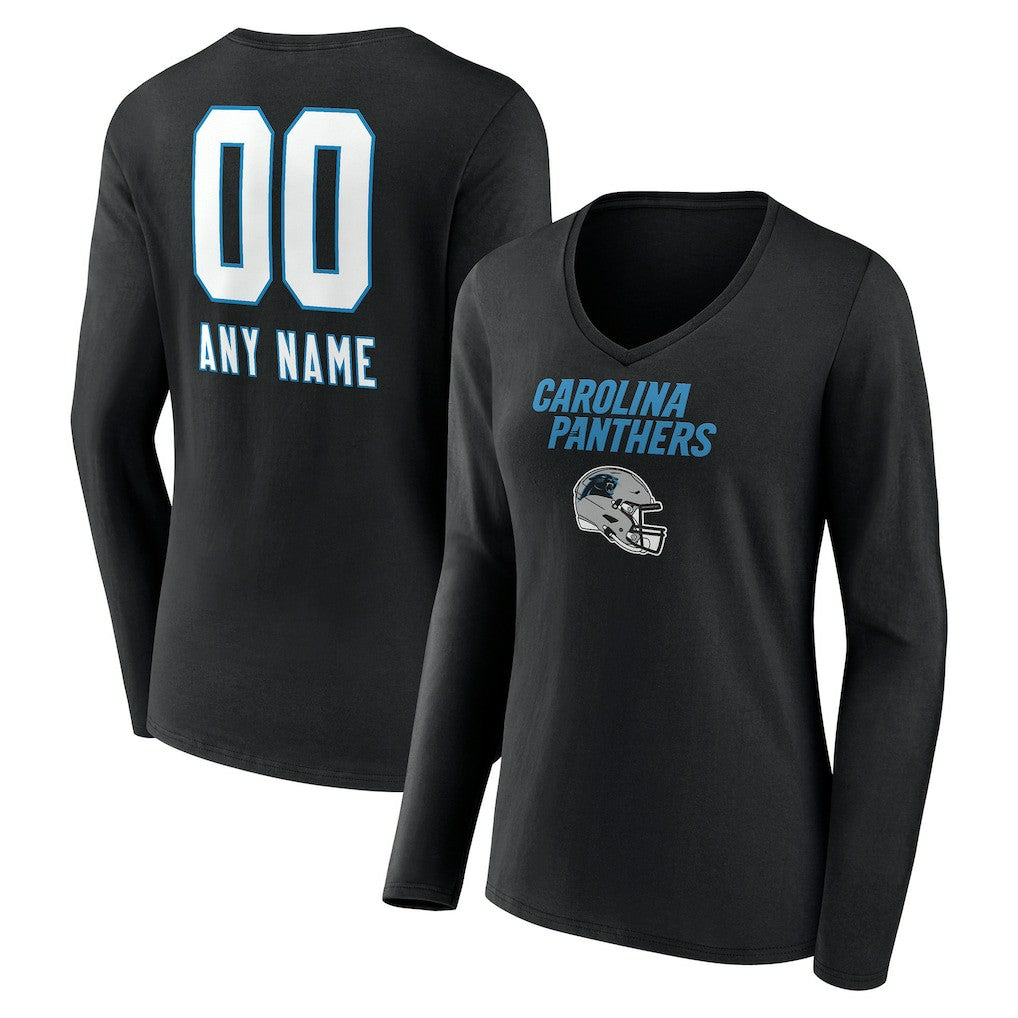 Carolina Panthers Women's Personalized Name & Number Team Wordmark Long Sleeve V-Neck T-Shirt - Black T-shirts