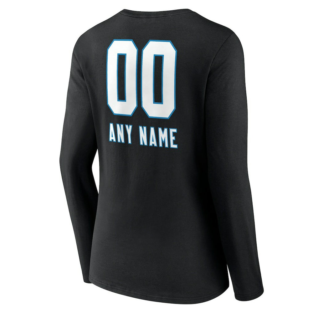 Carolina Panthers Women's Personalized Name & Number Team Wordmark Long Sleeve V-Neck T-Shirt - Black T-shirts