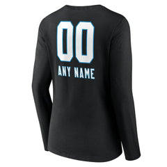 Carolina Panthers Women's Personalized Name & Number Team Wordmark Long Sleeve V-Neck T-Shirt - Black T-shirts