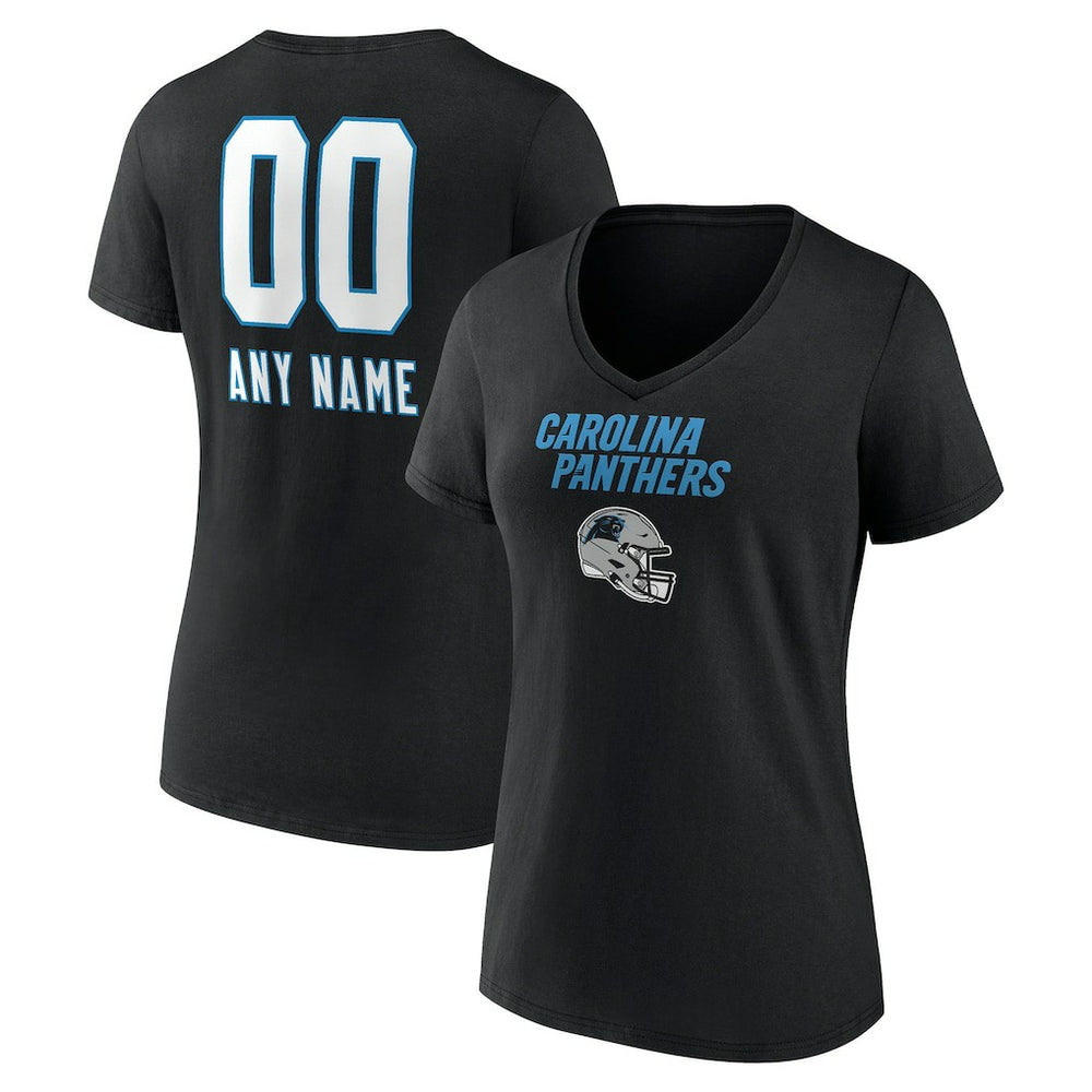 Carolina Panthers Women's Personalized Name & Number Team Wordmark V-Neck T-Shirt - Black T-shirts