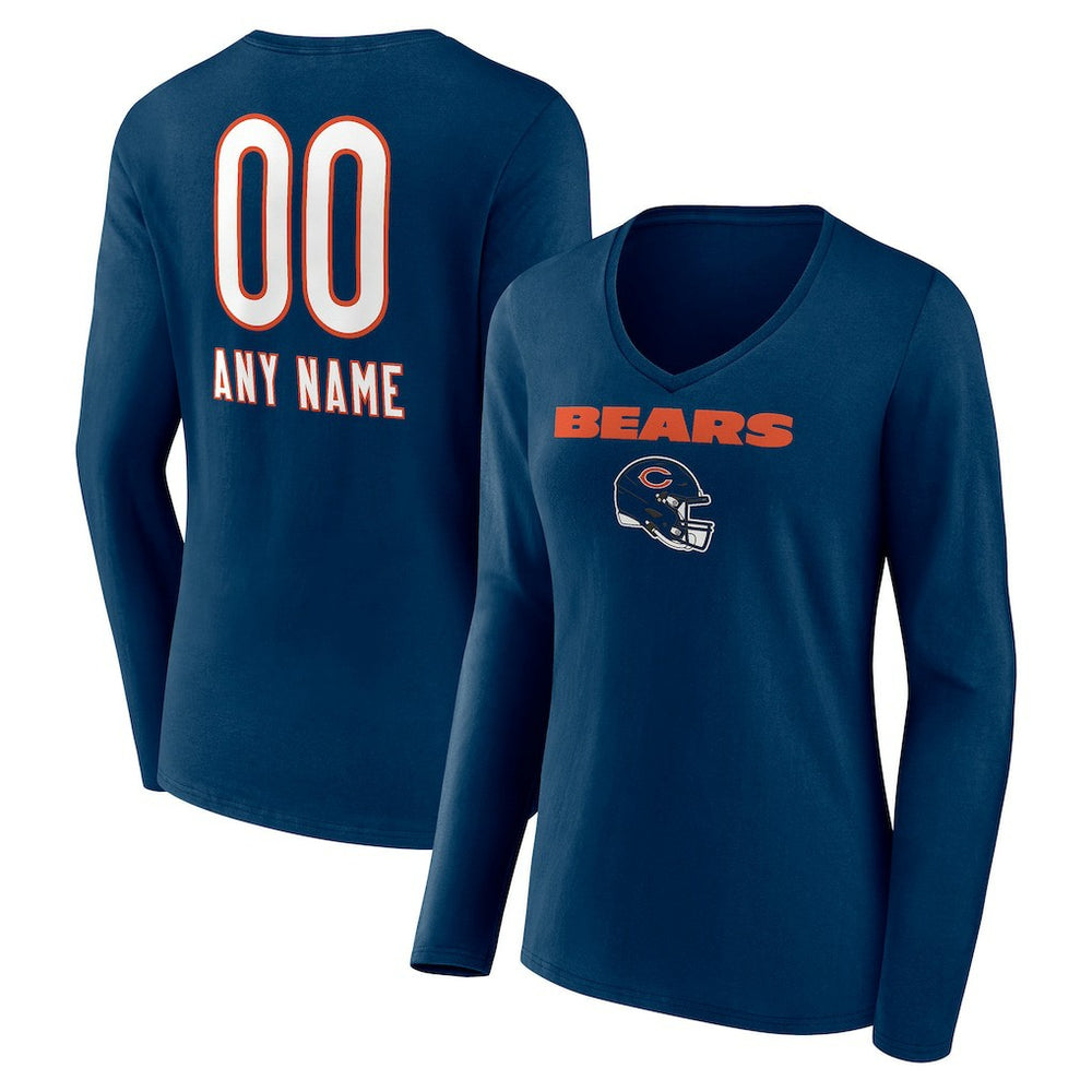 Chicago Bears Women's Personalized Name & Number Team Wordmark Long Sleeve V-Neck T-Shirt - Navy T-shirts