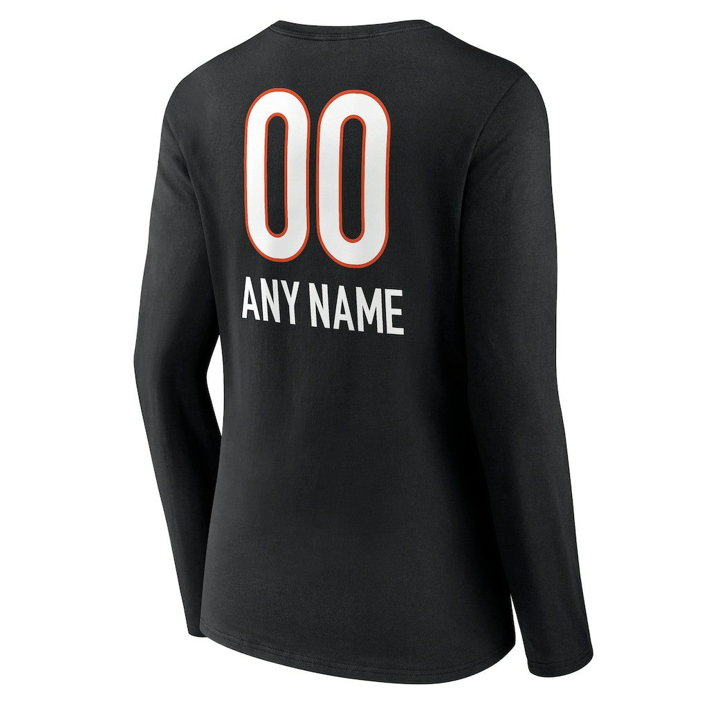 Cincinnati Bengals Women's Personalized Name & Number Team Wordmark Long Sleeve V-Neck T-Shirt - Black T-shirts