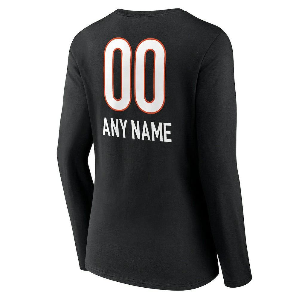 Cincinnati Bengals Women's Personalized Name & Number Team Wordmark Long Sleeve V-Neck T-Shirt - Black T-shirts