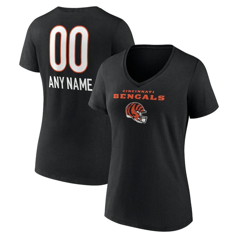Cincinnati Bengals Women's Personalized Name & Number Team Wordmark V-Neck T-Shirt - Black T-shirts