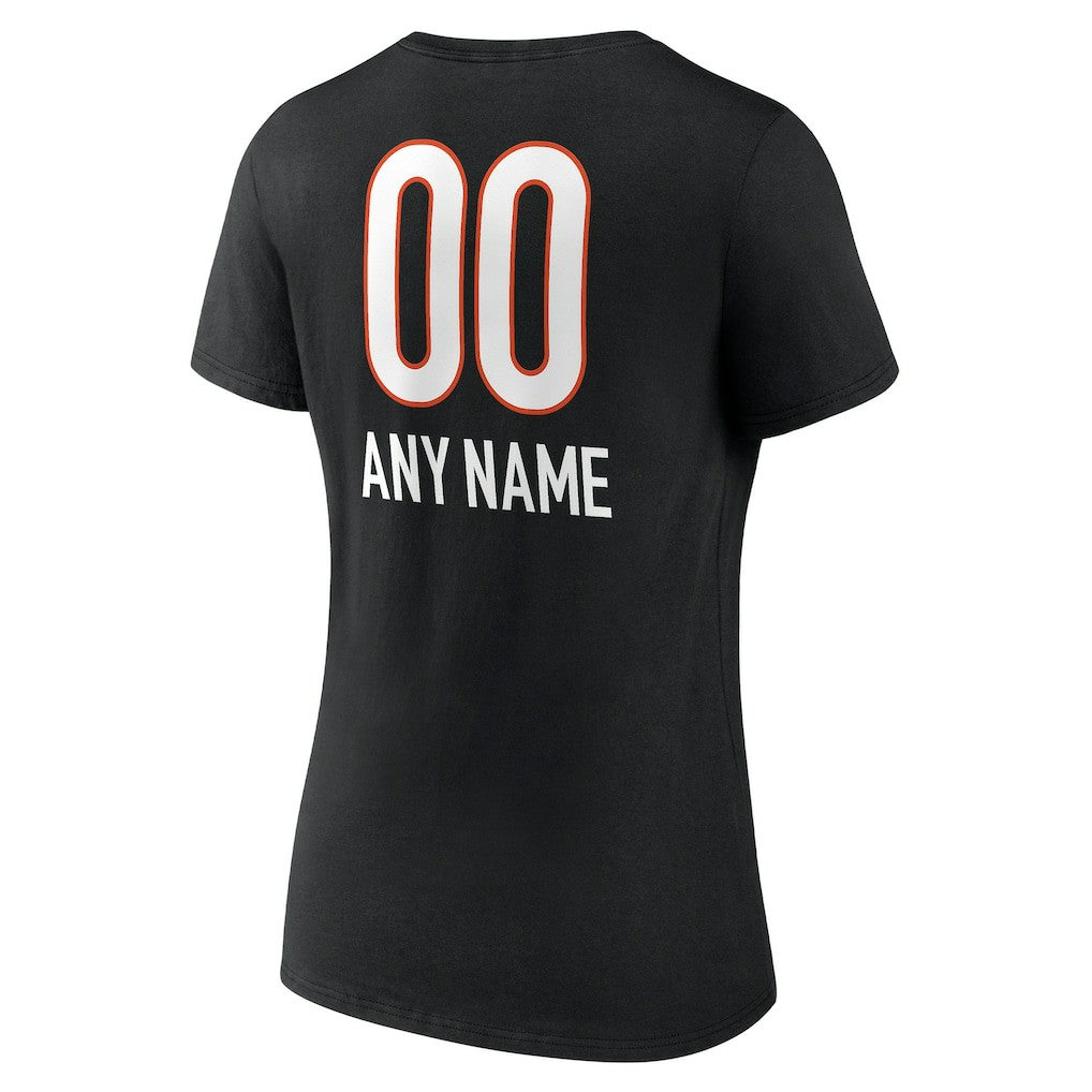 Cincinnati Bengals Women's Personalized Name & Number Team Wordmark V-Neck T-Shirt - Black T-shirts
