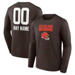 Cleveland Browns Personalized Name & Number Team Wordmark Long Sleeve T-Shirt - Brown T-shirts