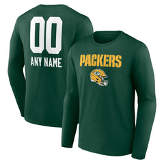 Green Bay Packers Personalized Name & Number Team Wordmark Long Sleeve T-Shirt - Green T-shirts