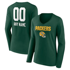 Green Bay Packers Women's Personalized Name & Number Team Wordmark Long Sleeve V-Neck T-Shirt - Green T-shirts