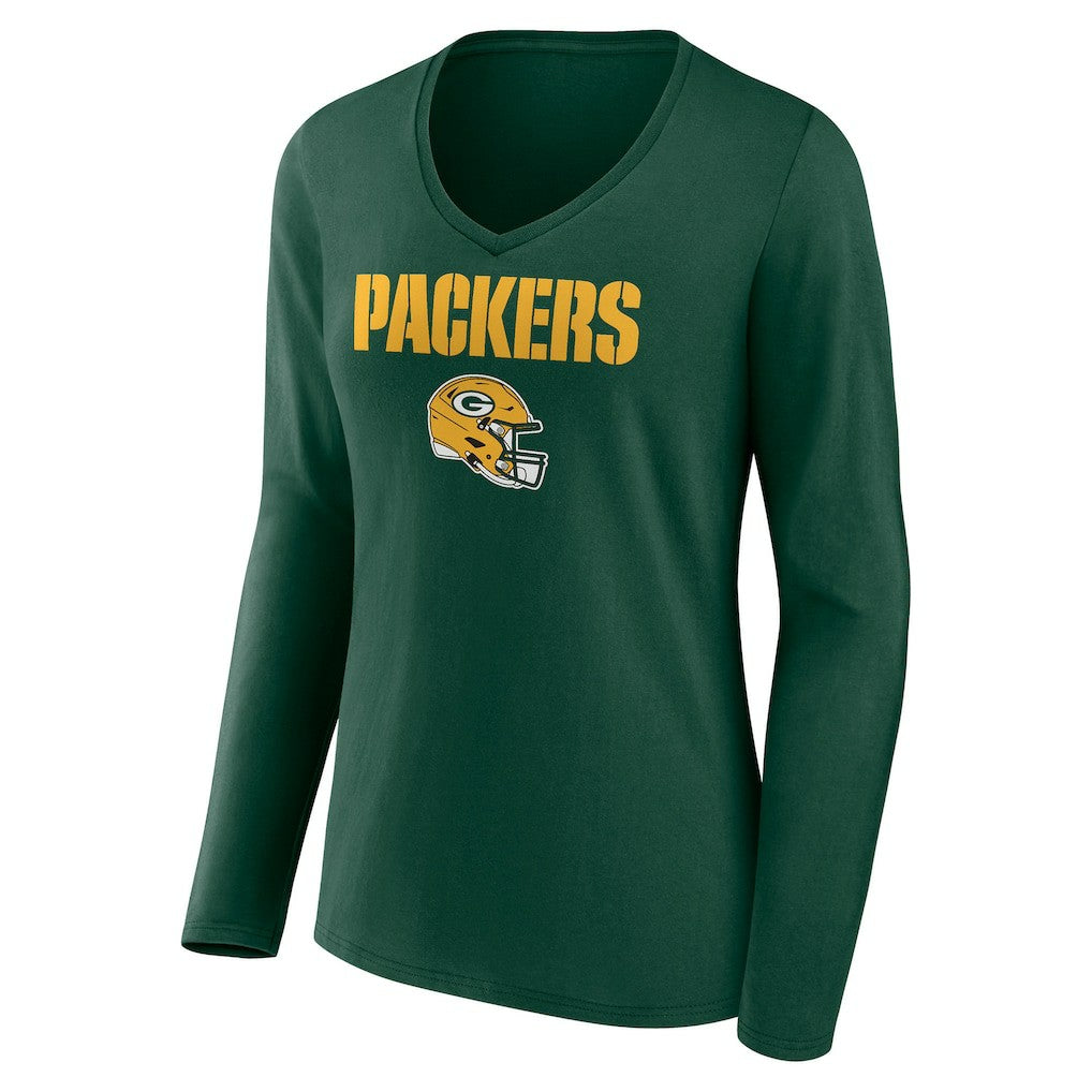 Green Bay Packers Women's Personalized Name & Number Team Wordmark Long Sleeve V-Neck T-Shirt - Green T-shirts