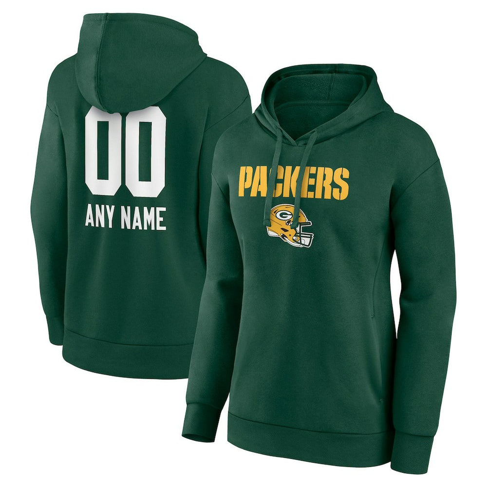Green Bay Packers Women's Personalized Name & Number Team Wordmark Pullover Hoodie - Green Hoodies