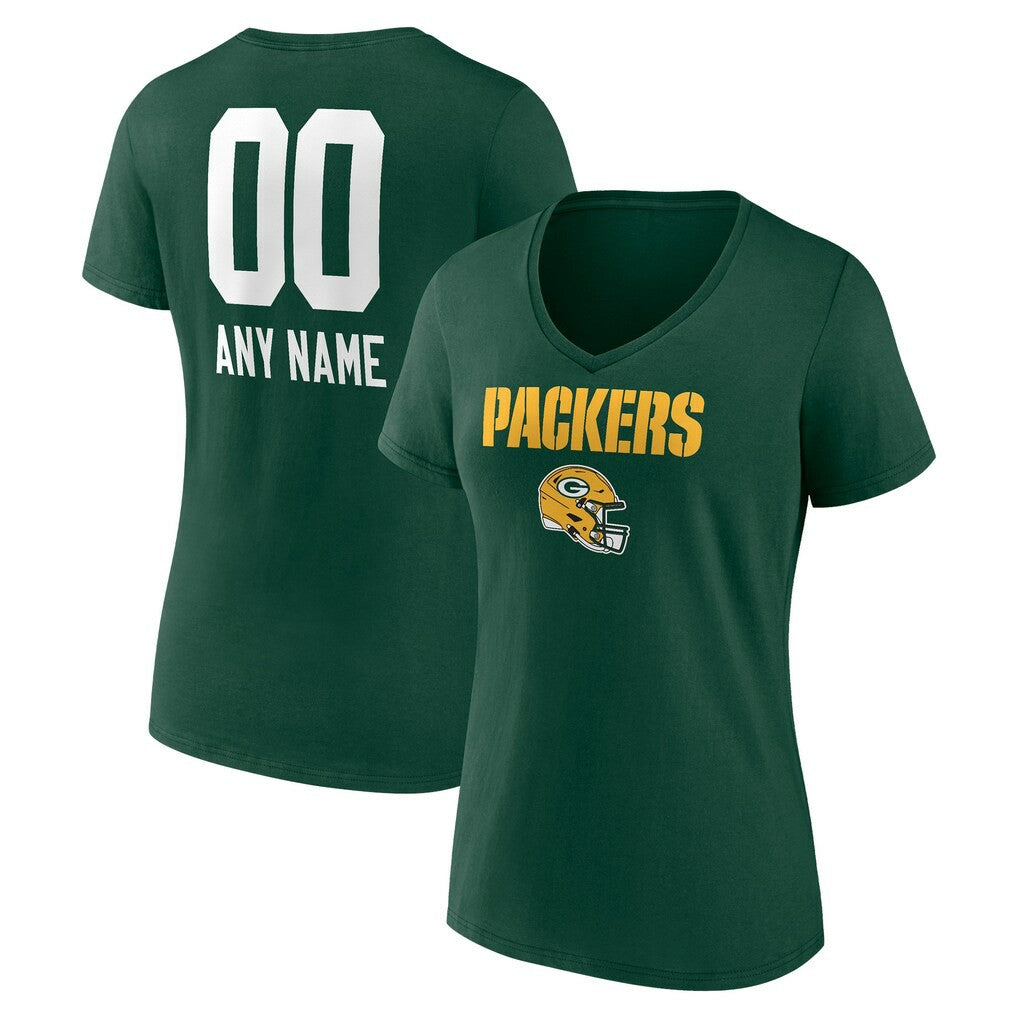 Green Bay Packers Women's Personalized Name & Number Team Wordmark V-Neck T-Shirt - Green T-shirts
