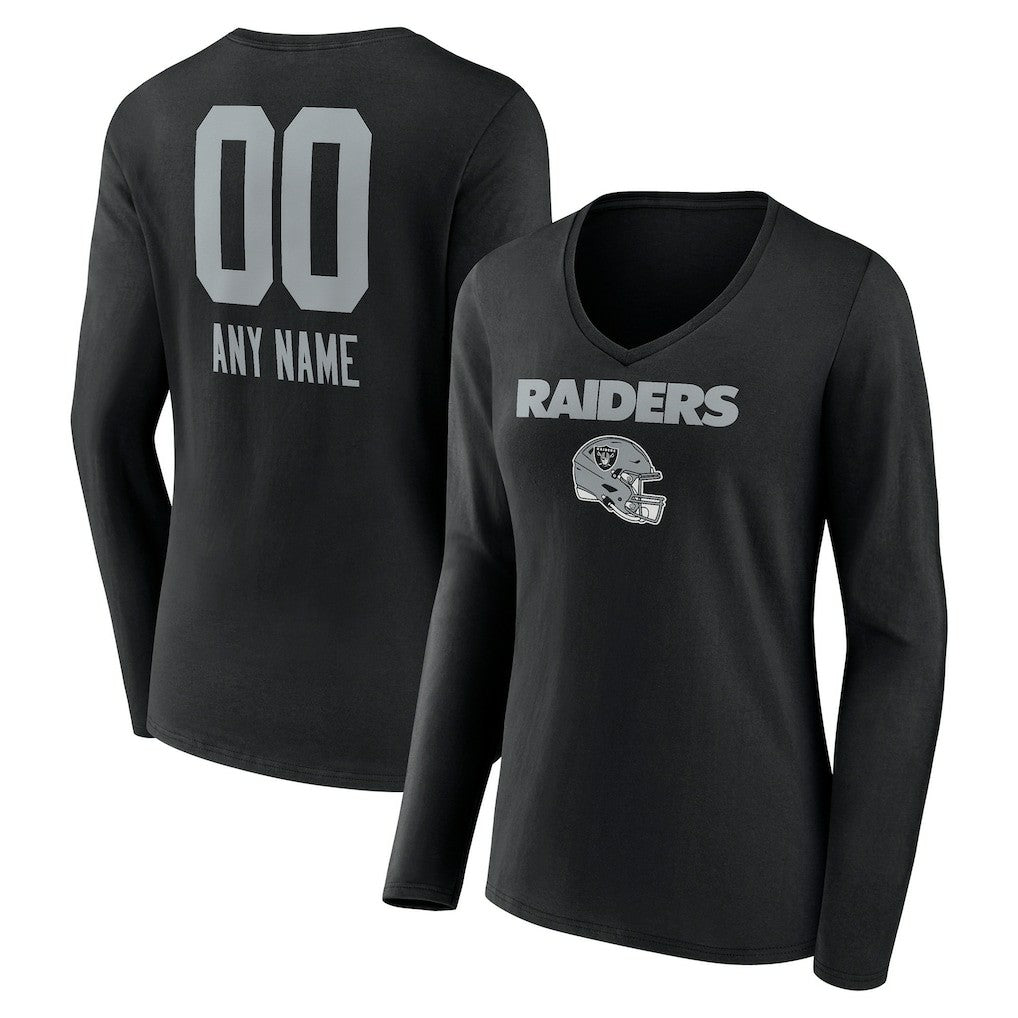 Las Vegas Raiders Women's Personalized Name & Number Team Wordmark Long Sleeve V-Neck T-Shirt - Black T-shirts