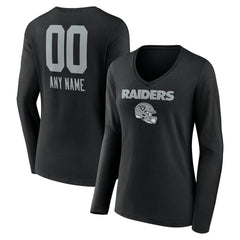 Las Vegas Raiders Women's Personalized Name & Number Team Wordmark Long Sleeve V-Neck T-Shirt - Black T-shirts