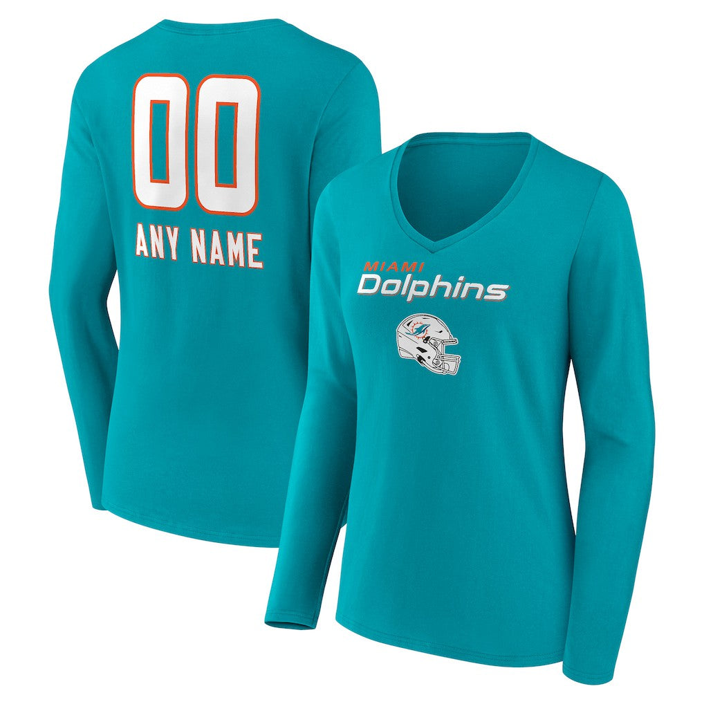 Miami Dolphins Women's Personalized Name & Number Team Wordmark Long Sleeve V-Neck T-Shirt - Aqua T-shirts