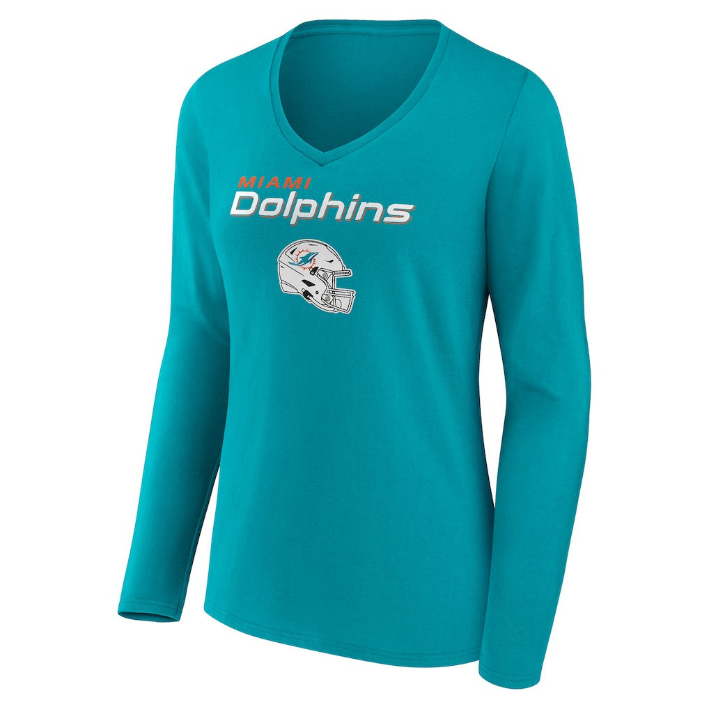 Miami Dolphins Women's Personalized Name & Number Team Wordmark Long Sleeve V-Neck T-Shirt - Aqua T-shirts