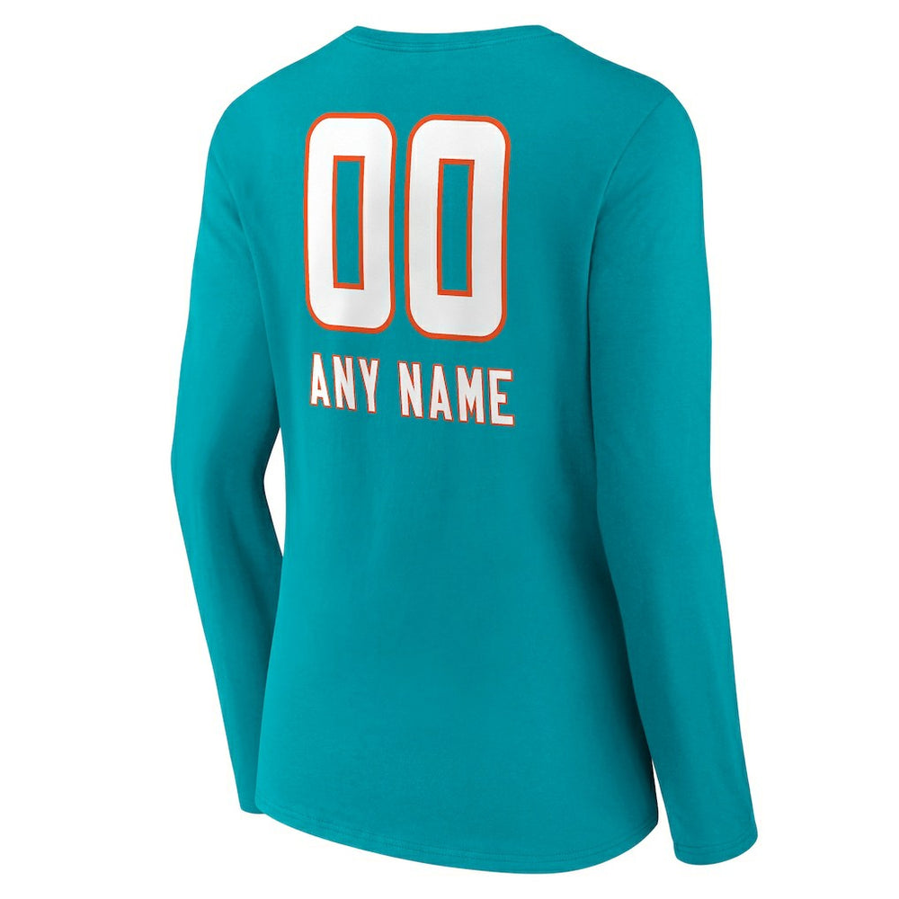Miami Dolphins Women's Personalized Name & Number Team Wordmark Long Sleeve V-Neck T-Shirt - Aqua T-shirts