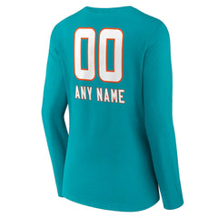 Miami Dolphins Women's Personalized Name & Number Team Wordmark Long Sleeve V-Neck T-Shirt - Aqua T-shirts
