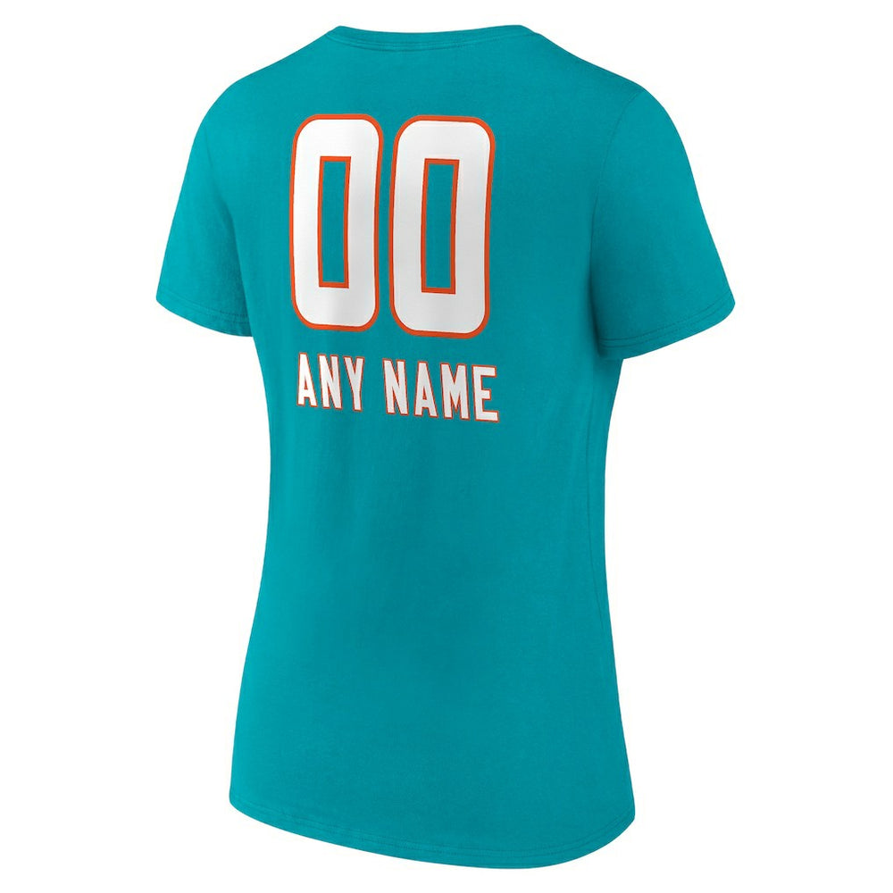 Miami Dolphins Women's Personalized Name & Number Team Wordmark V-Neck T-Shirt - Aqua T-shirts
