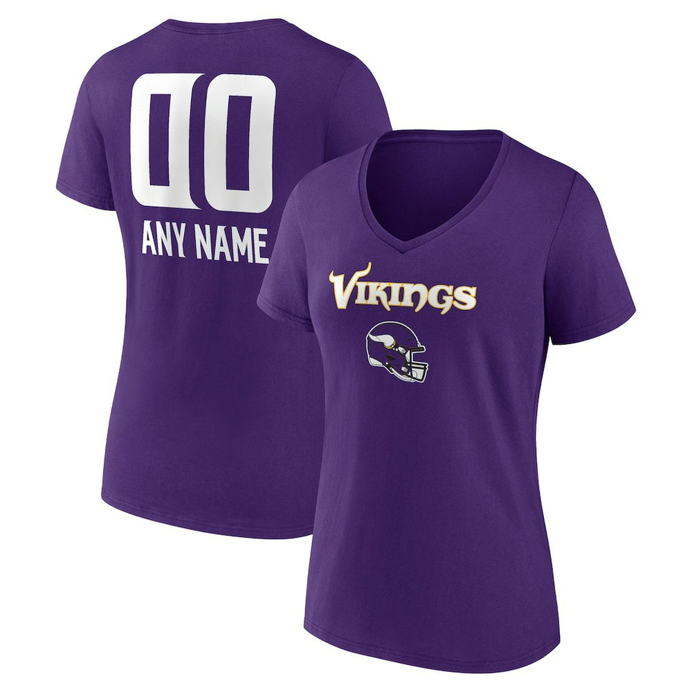 Minnesota Vikings Women's Personalized Name & Number Team Wordmark V-Neck T-Shirt - Purple T-shirts