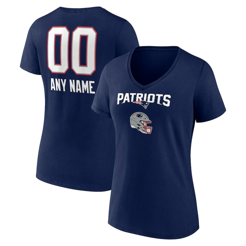 New England Patriots Women's Personalized Name & Number Team Wordmark V-Neck T-Shirt - Navy T-shirts