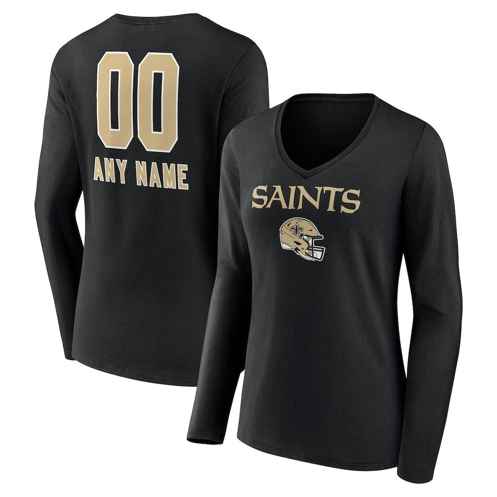 New Orleans Saints Women's Personalized Name & Number Team Wordmark Long Sleeve V-Neck T-Shirt - Black T-shirts