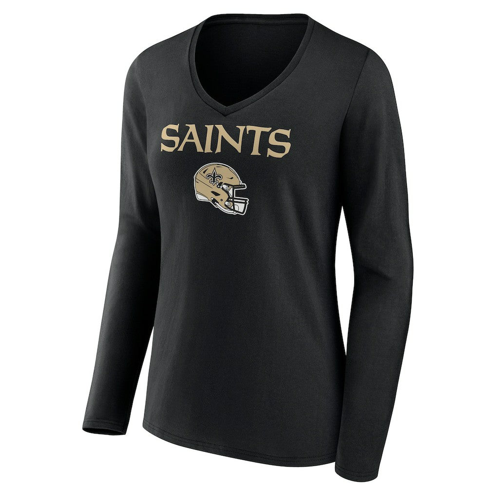 New Orleans Saints Women's Personalized Name & Number Team Wordmark Long Sleeve V-Neck T-Shirt - Black T-shirts