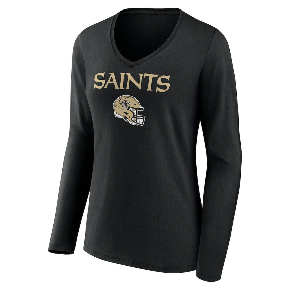 New Orleans Saints Women's Personalized Name & Number Team Wordmark Long Sleeve V-Neck T-Shirt - Black T-shirts